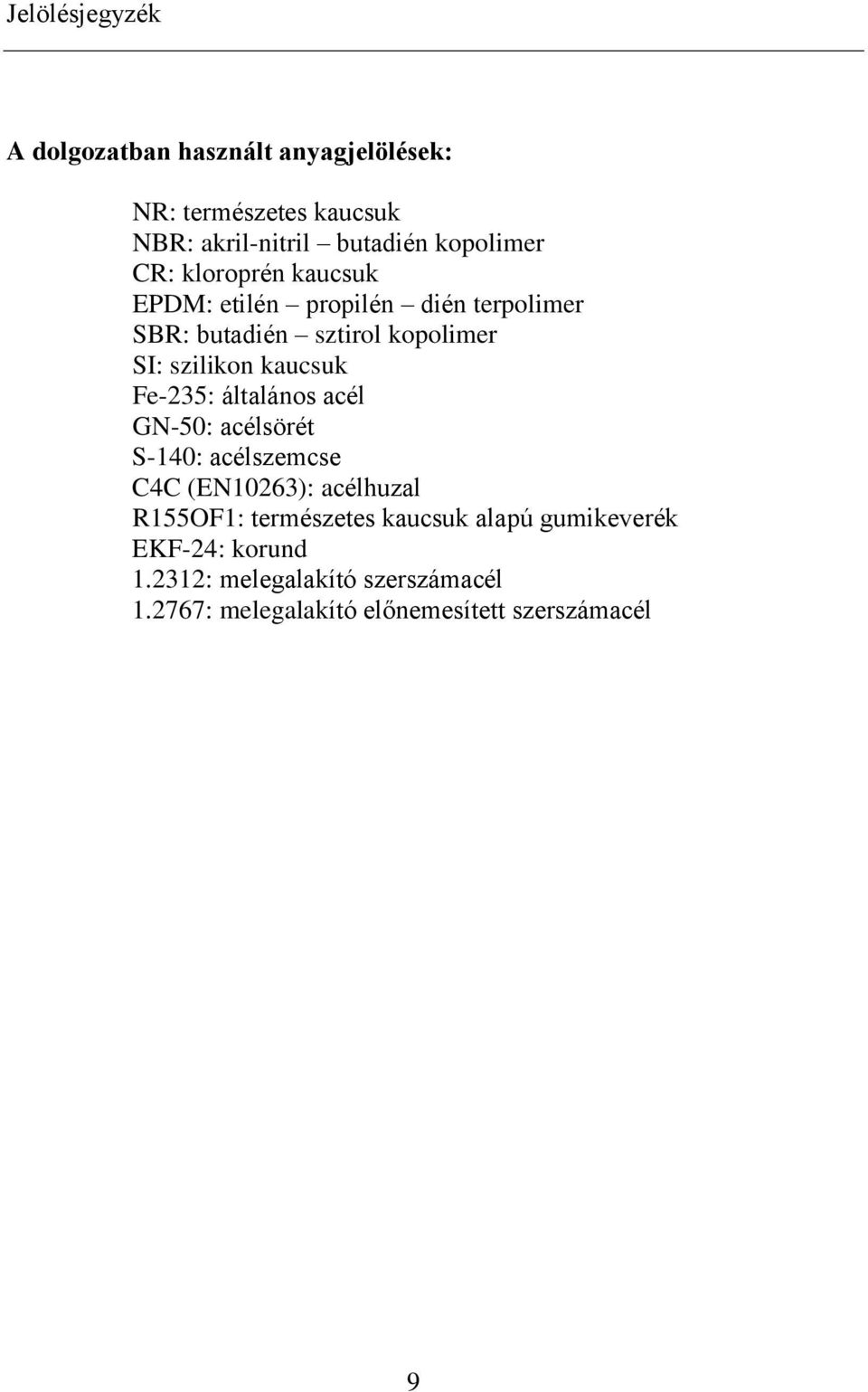 Fe-235: általános acél GN-50: acélsörét S-140: acélszemcse C4C (EN10263): acélhuzal R155OF1: természetes kaucsuk