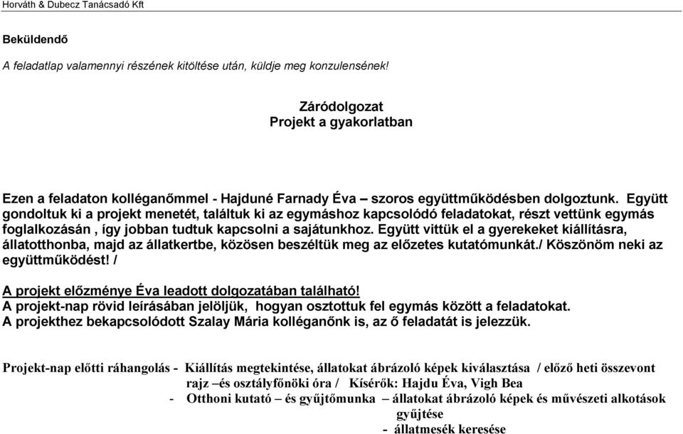 Együtt gondoltuk ki a projekt menetét, találtuk ki az egymáshoz kapcsolódó feladatokat, részt vettünk egymás foglalkozásán, így jobban tudtuk kapcsolni a sajátunkhoz.