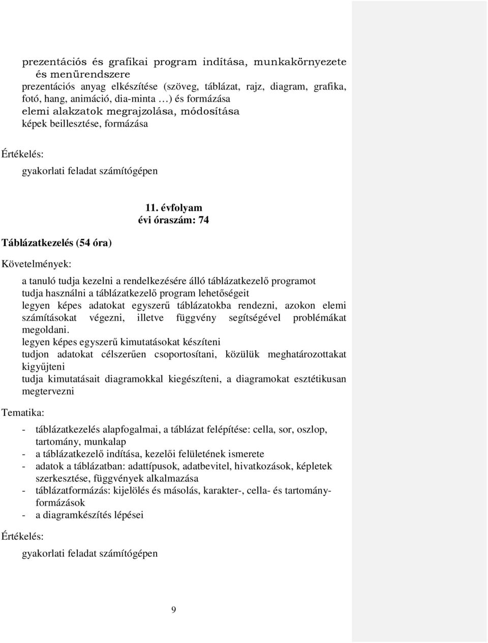 évfolyam évi óraszám: 74 a tanuló tudja kezelni a rendelkezésére álló táblázatkezelı programot tudja használni a táblázatkezelı program lehetıségeit legyen képes adatokat egyszerő táblázatokba