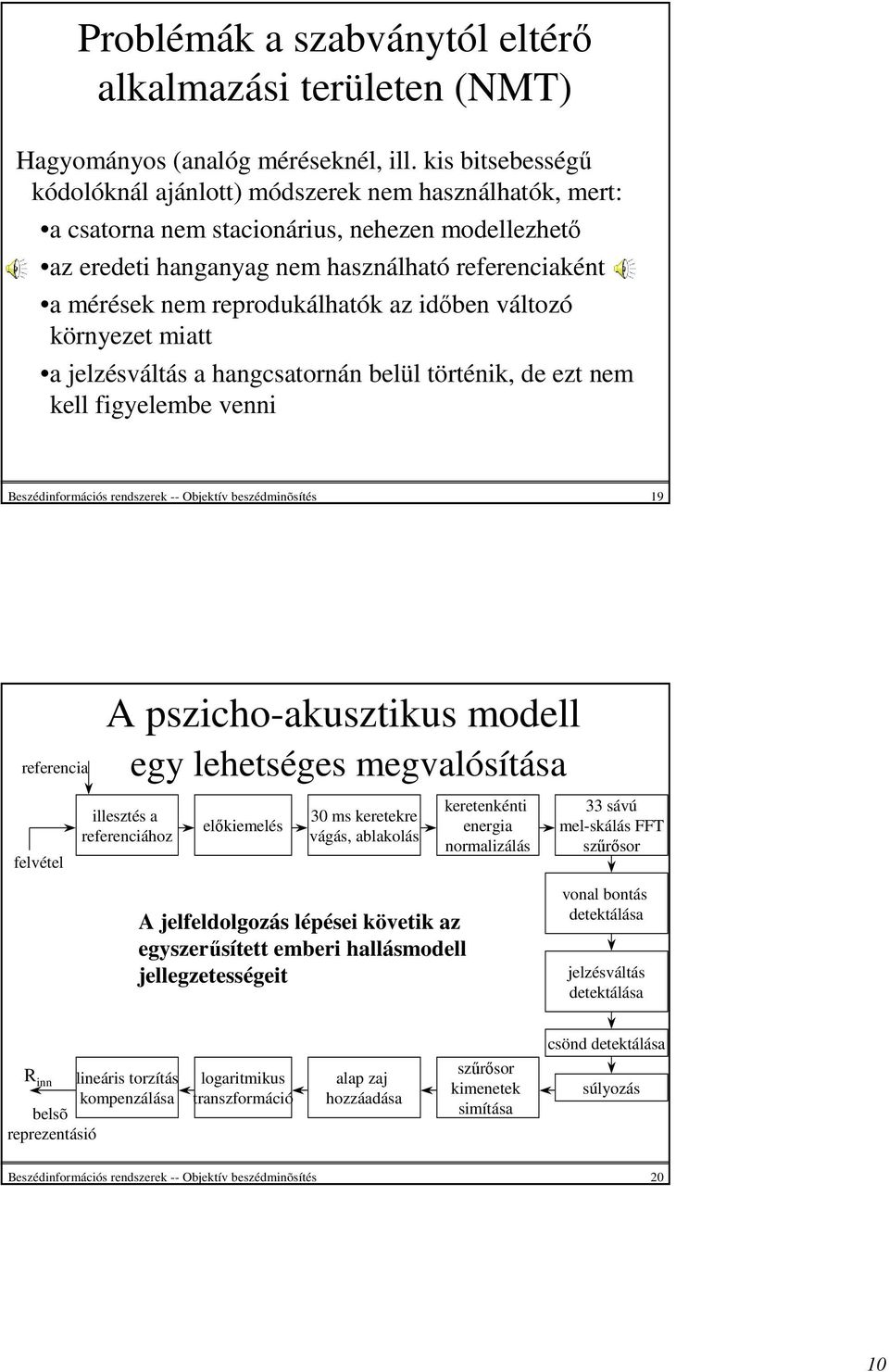 reprodukálhatók az idıben változó környezet miatt a jelzésváltás a hangcsatornán belül történik, de ezt nem kell figyelembe venni Beszédinformációs rendszerek -- Objektív beszédminõsítés 19