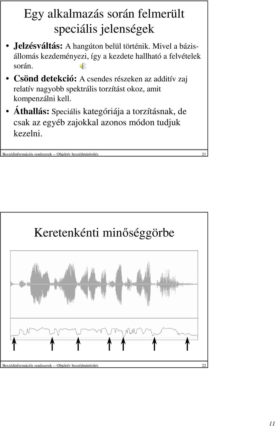 Csönd detekció: A csendes részeken az additív zaj relatív nagyobb spektrális torzítást okoz, amit kompenzálni kell.