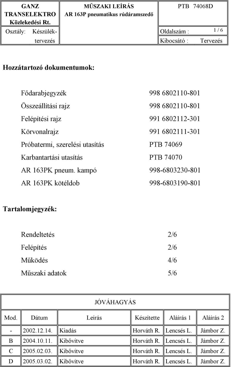 kampó 998-6803230-801 AR 163PK kötéldob 998-6803190-801 Tartalomjegyzék: Rendeltetés 2/6 Felépítés 2/6 Működés 4/6 Műszaki adatok 5/6 JÓVÁHAGYÁS Mod.