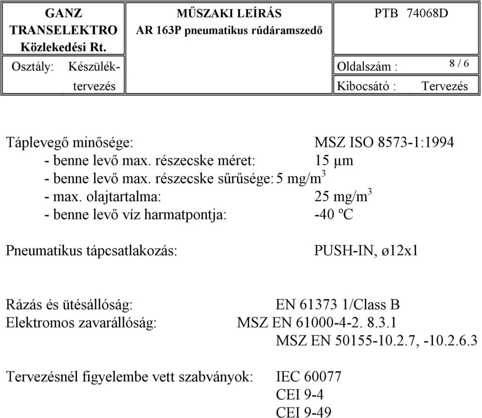 olajtartalma: 25 mg/m 3 - benne levő víz harmatpontja: -40 ºC Pneumatikus tápcsatlakozás: PUSH-IN, ø12x1 Rázás és