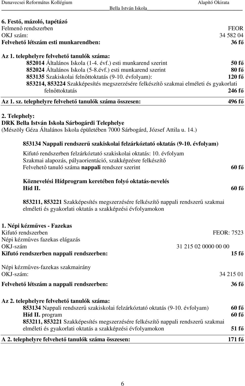 Telephely: DRK Bella István Iskola Sárbogárdi Telephelye (Mészöly Géza Általános Iskola épületében 7000 Sárbogárd, József Attila u. 14.