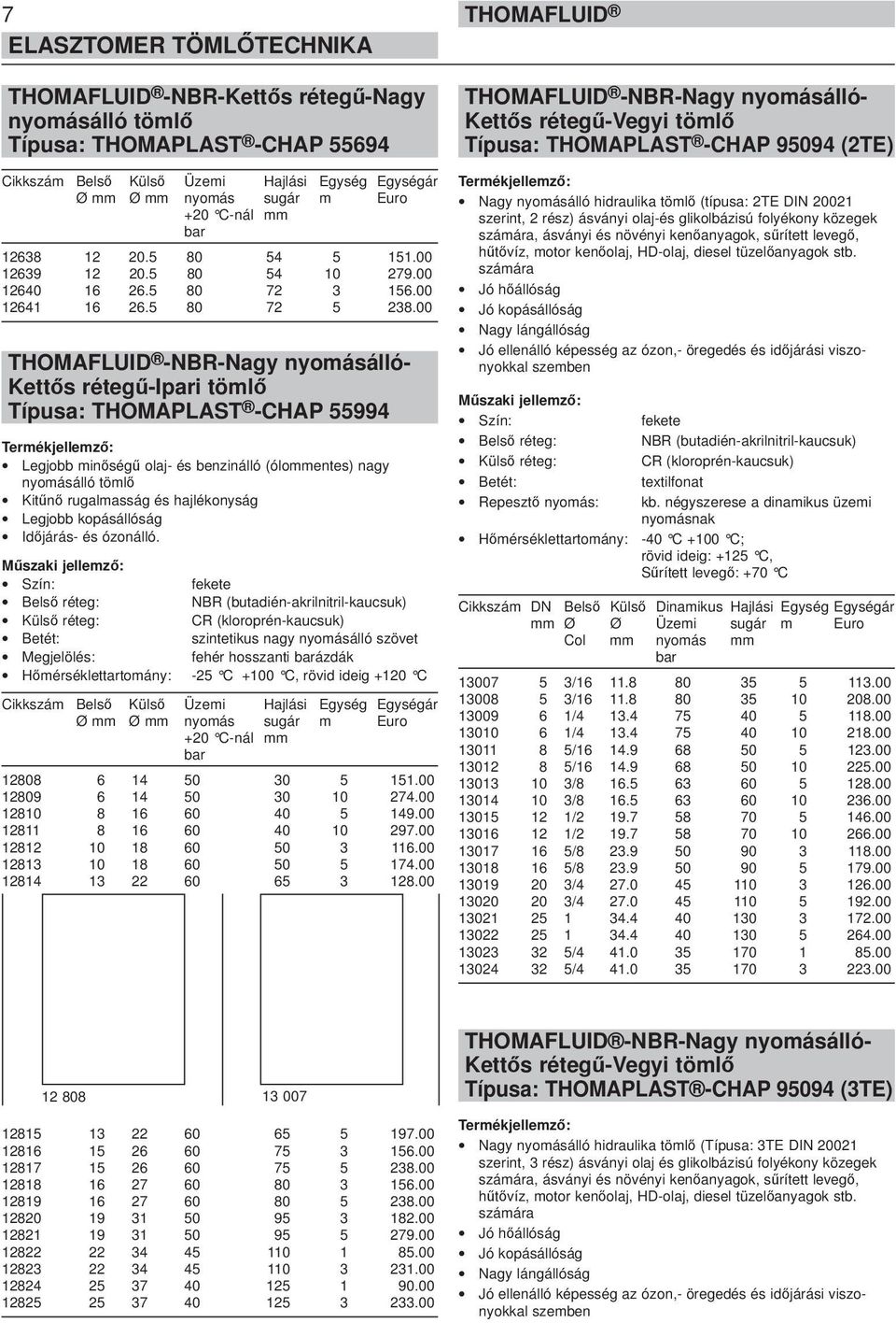 00 -NBR-Nagy nyomásálló- Kettős rétegű-ipari tömlő Típusa: THOMAPLAST -CHAP 55994 Legjobb minőségű olaj- és benzinálló (ólommentes) nagy nyomásálló tömlő Kitűnő rugalmasság és hajlékonyság Legjobb