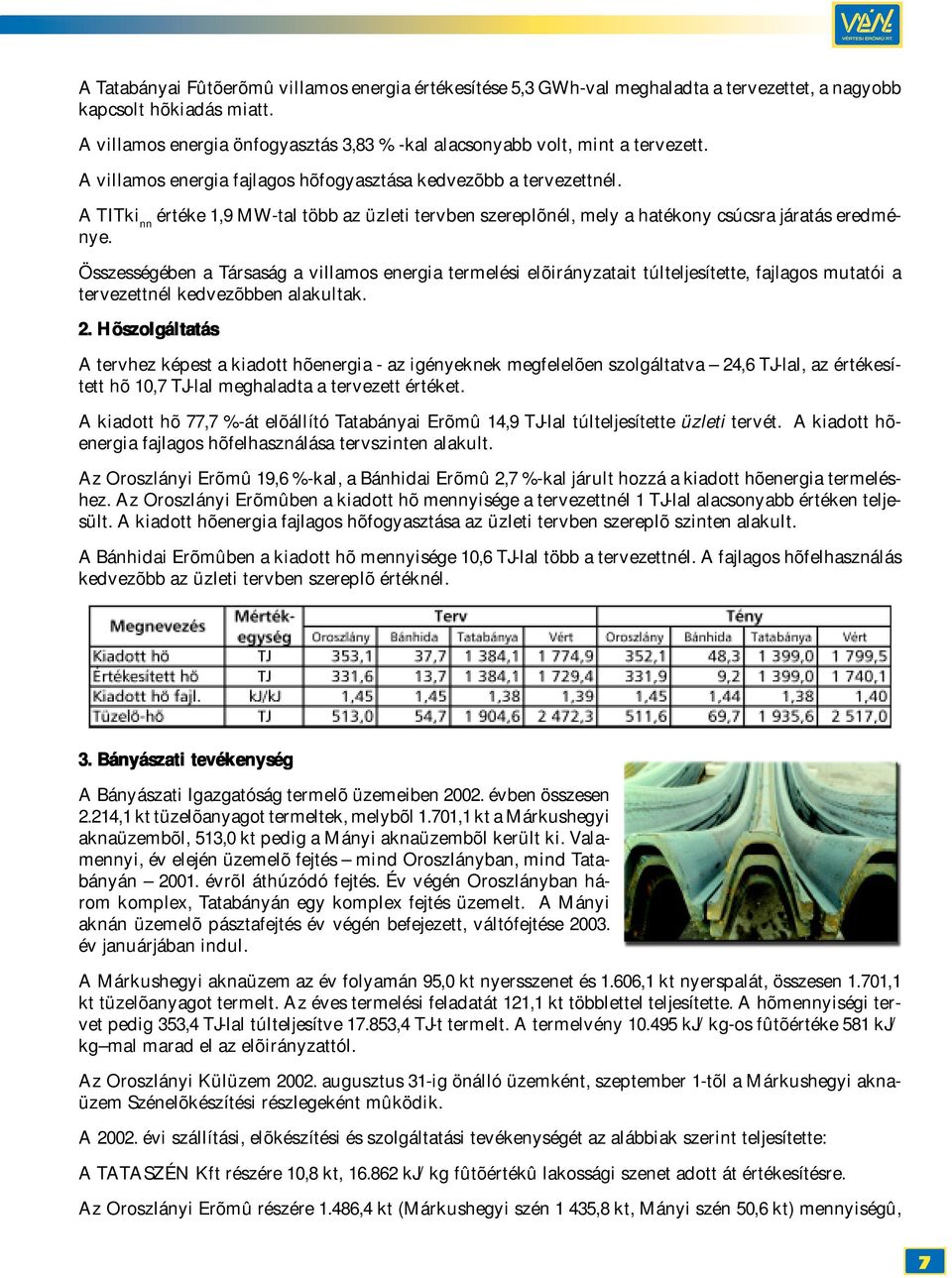 A TITki nn értéke 1,9 MW-tal több az üzleti tervben szereplõnél, mely a hatékony csúcsra járatás eredménye.