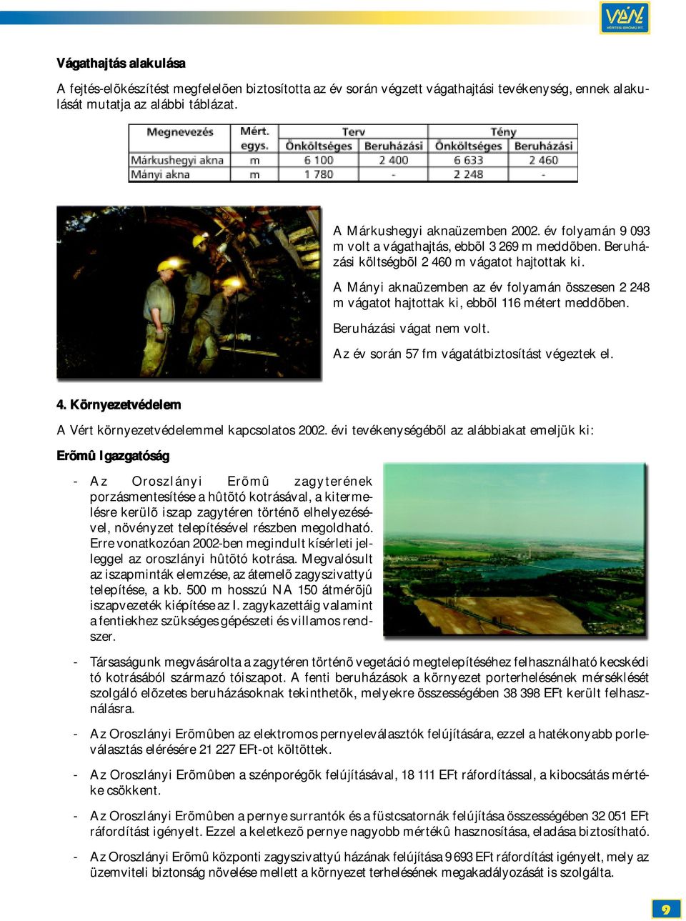 A Mányi aknaüzemben az év folyamán összesen 2 248 m vágatot hajtottak ki, ebbõl 116 métert meddõben. Beruházási vágat nem volt. Az év során 57 fm vágatátbiztosítást végeztek el. 4.