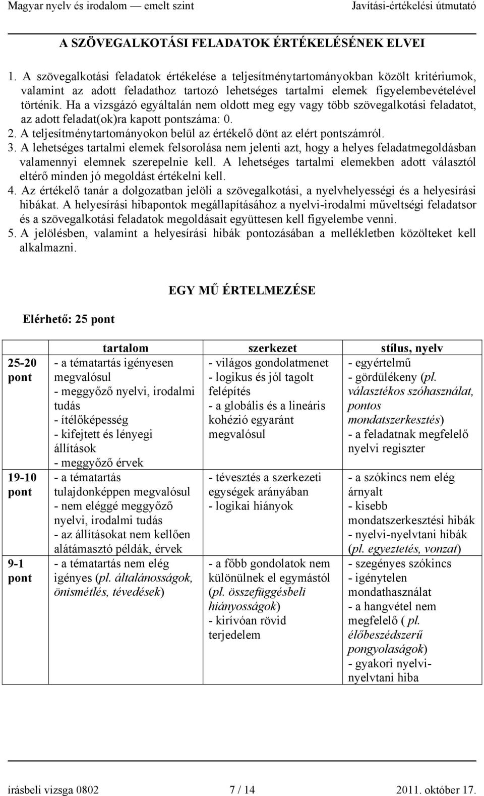 Ha a vizsgázó egyáltalán nem oldott meg egy vagy több szövegalkotási feladatot, az adott feladat(ok)ra kapott száma: 0. 2. A teljesítménytartományokon belül az értékelő dönt az elért számról. 3.