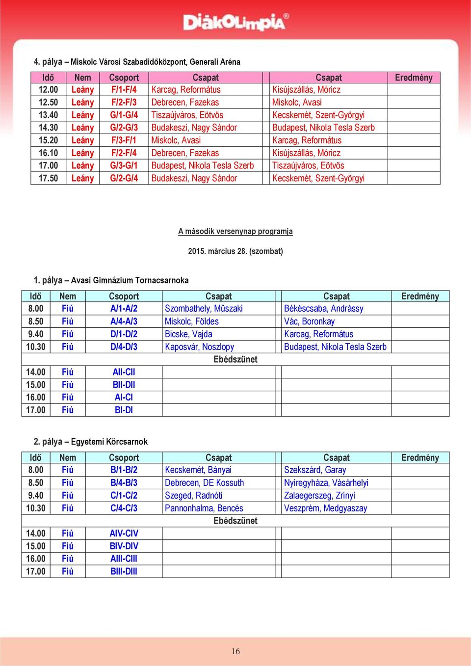 20 Leány F/3-F/1 Miskolc, Avasi Karcag, Református 16.10 Leány F/2-F/4 Debrecen, Fazekas Kisújszállás, Móricz 17.00 Leány G/3-G/1 Budapest, Nikola Tesla Szerb Tiszaújváros, Eötvös 17.