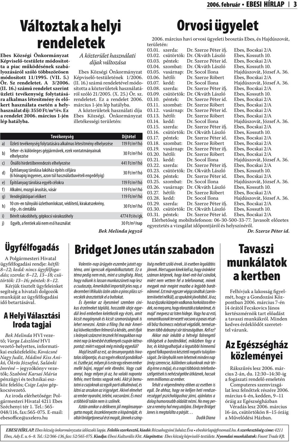 A közterület használati díjak változása Ebes Községi Önkormányzat Képviselő-testületének 1/2006. (II. 16.) számú rendeletével módosította a közterületek használatáról szóló 21/2005. (X. 25.) Ör. sz. rendeletet.