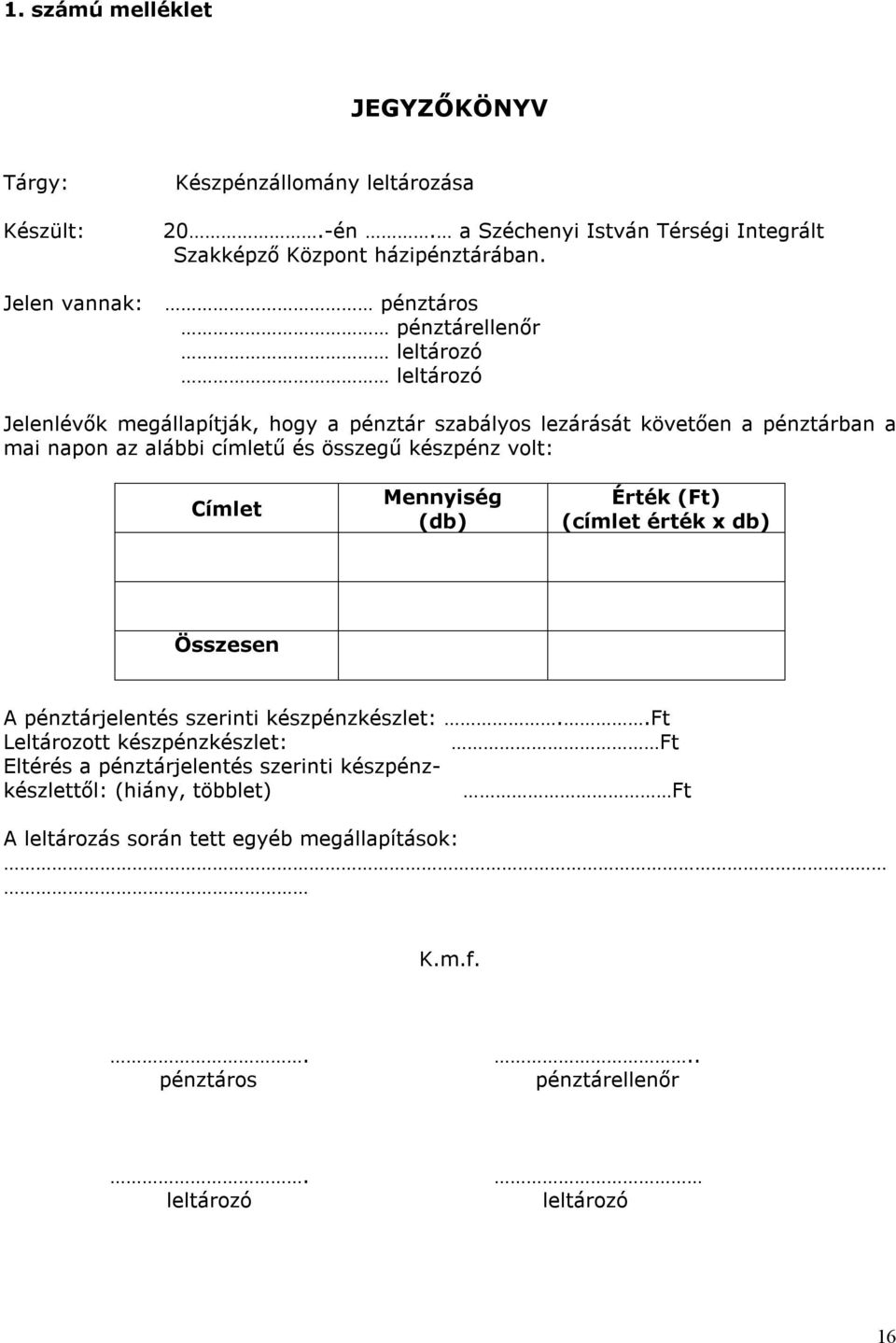 címletű és összegű készpénz volt: Címlet Mennyiség (db) Érték (Ft) (címlet érték x db) Összesen A pénztárjelentés szerinti készpénzkészlet:.