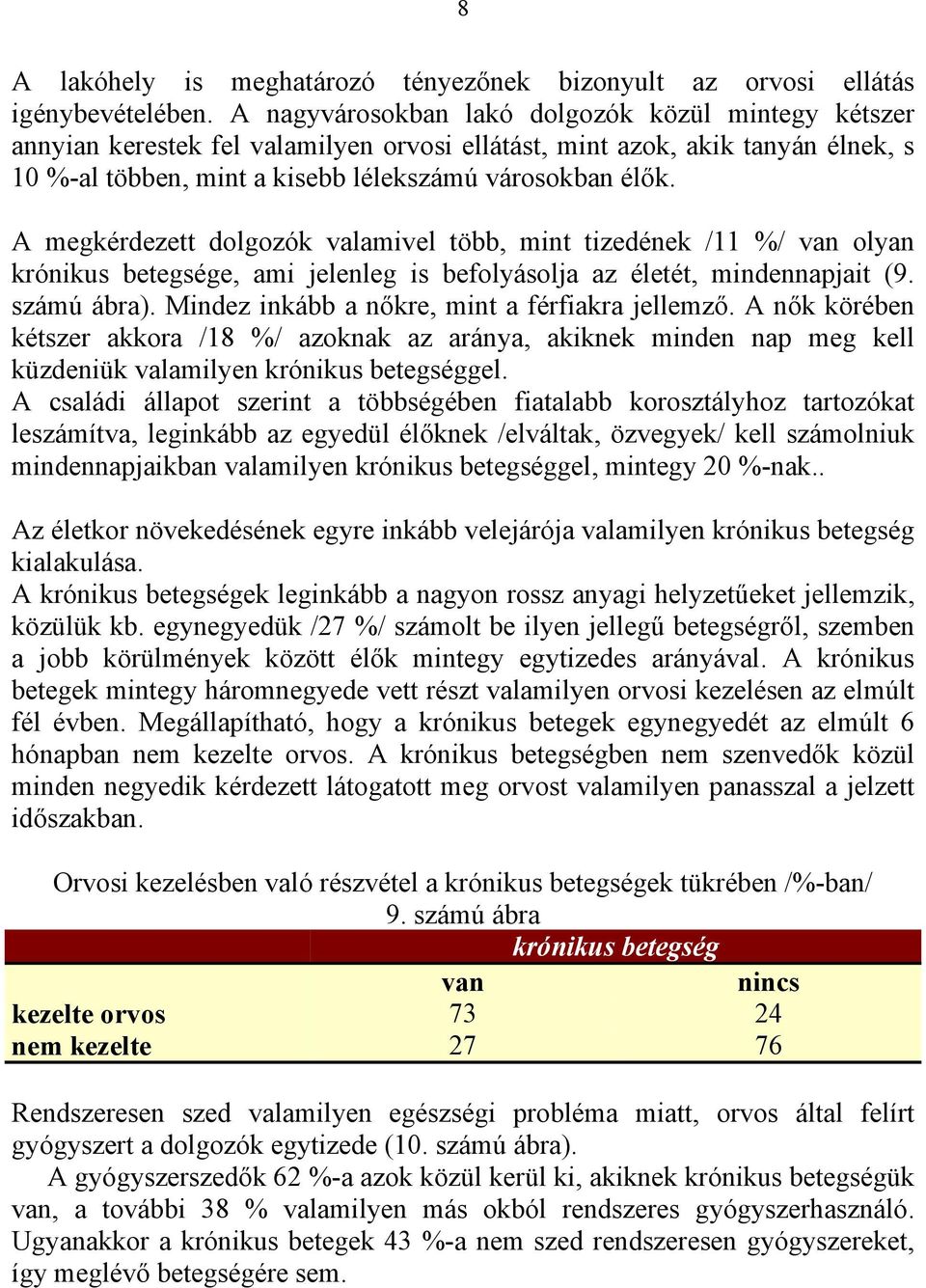 A megkérdezett dolgozók valamivel több, mint tizedének /11 %/ van olyan krónikus betegsége, ami jelenleg is befolyásolja az életét, mindennapjait (9. számú ábra).