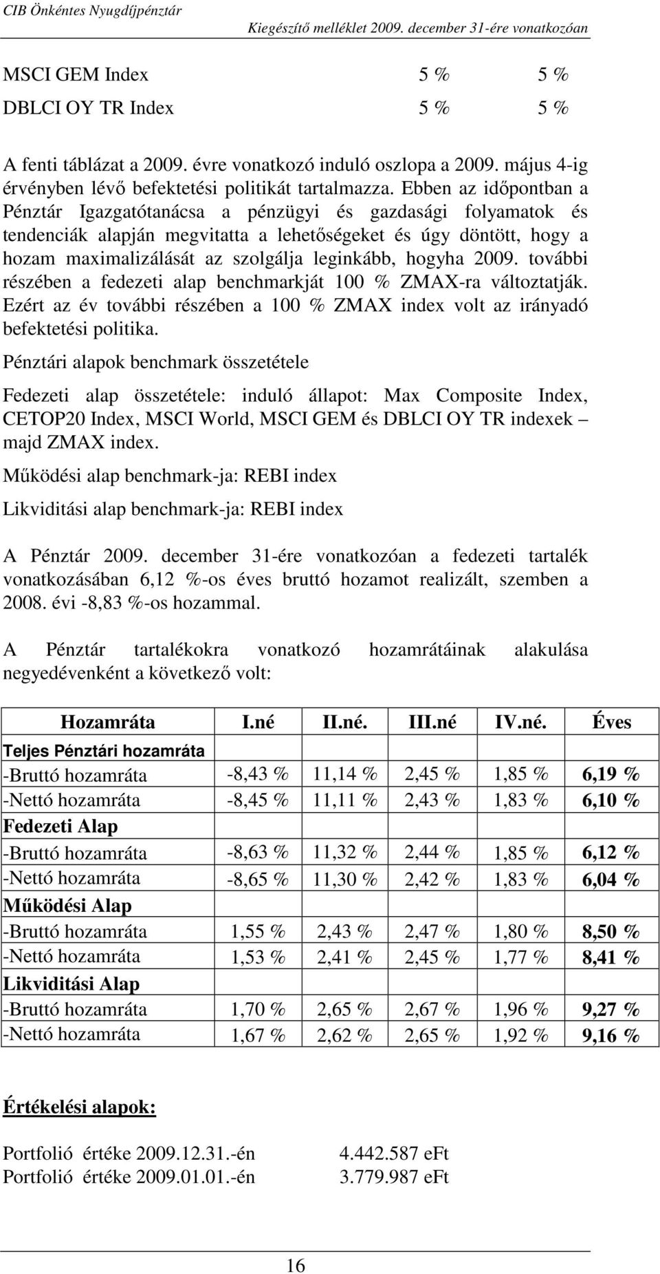 hogyha 2009. további részében a fedezeti alap benchmarkját 100 % ZMAX-ra változtatják. Ezért az év további részében a 100 % ZMAX index volt az irányadó befektetési politika.