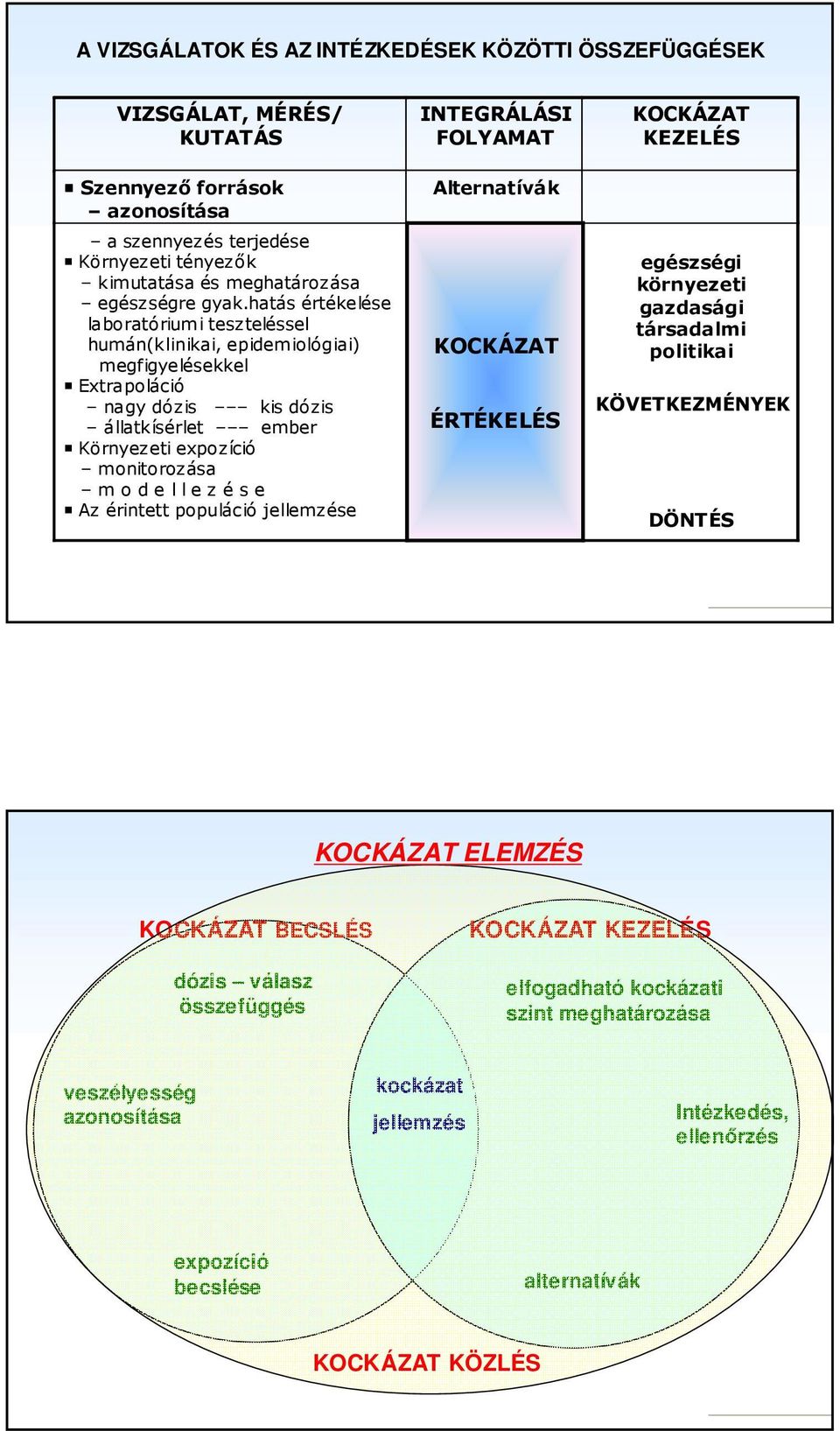 s e Az érintett populáció jellemzése INTEGRÁLÁSI FOLYAMAT Alternatívák KOCKÁZAT ÉRTÉKELÉS KOCKÁZAT KEZELÉS egészségi környezeti gazdasági társadalmi politikai KÖVETKEZMÉNYEK DÖNTÉS KOCKÁZAT ELEMZÉS