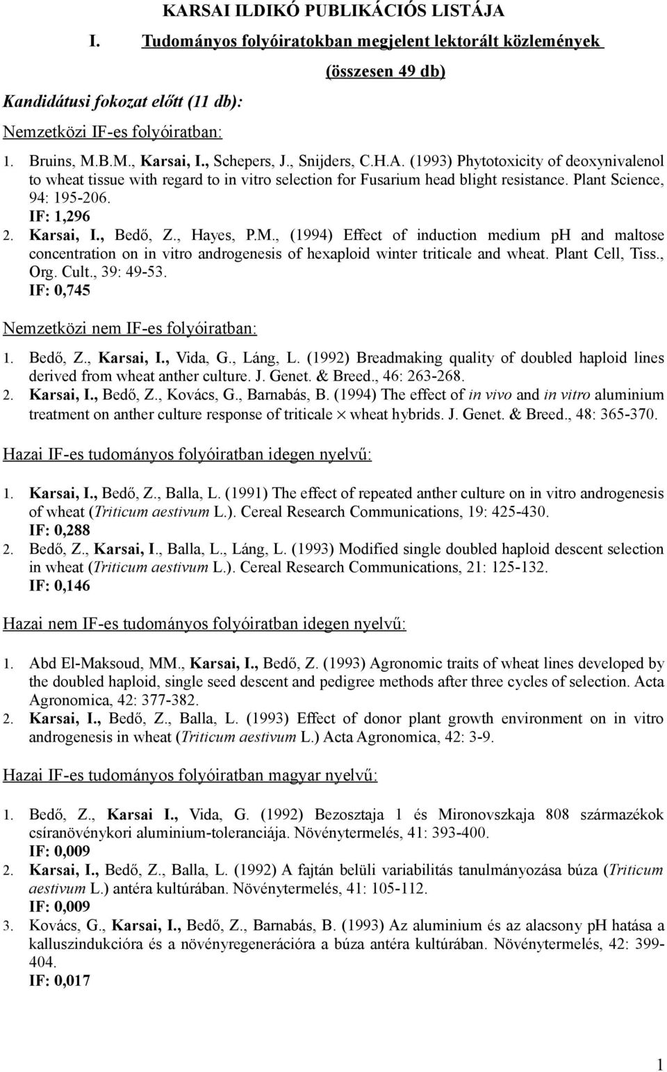 Plant Science, 94: 195-206. IF: 1,296 2. Karsai, I., Bedő, Z., Hayes, P.M.