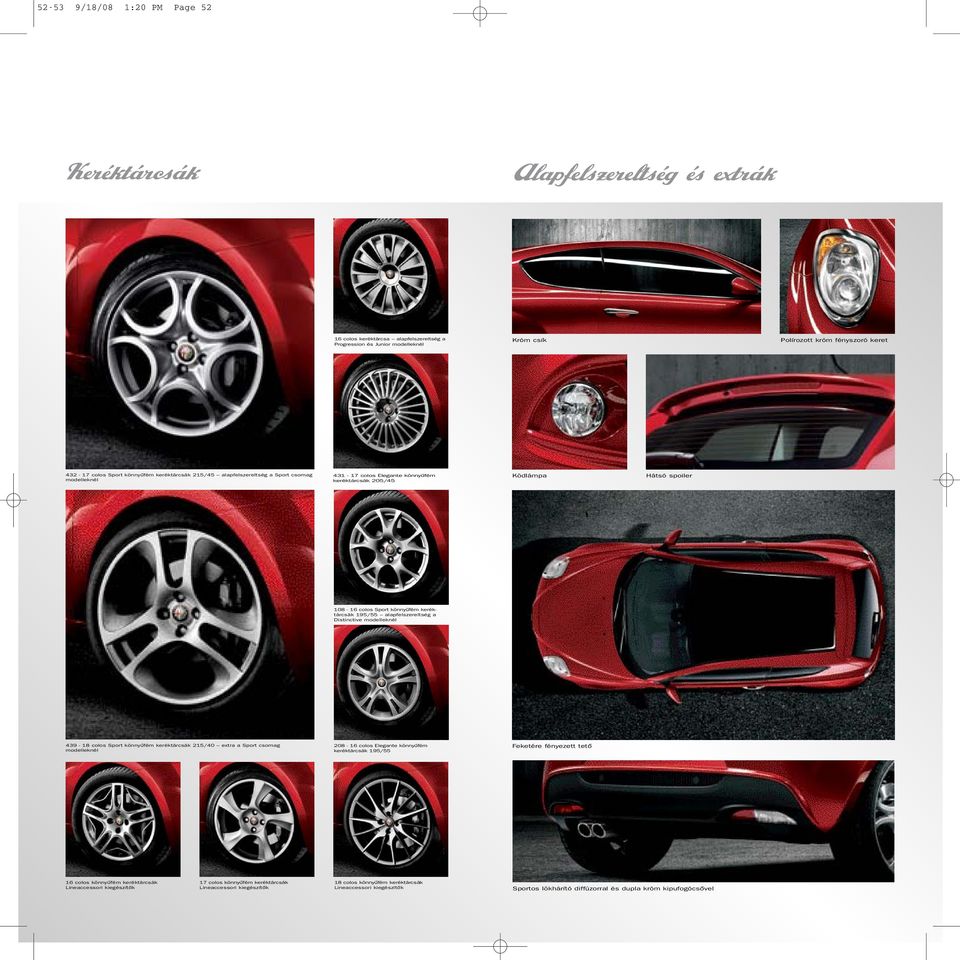 Distinctive modelleknél 439-18 colos Sport könnyûfém keréktárcsák 215/40 extra a Sport csomag modelleknél 208-16 colos Elegante könnyûfém keréktárcsák 195/55 Feketére fényezett tetô 16 colos