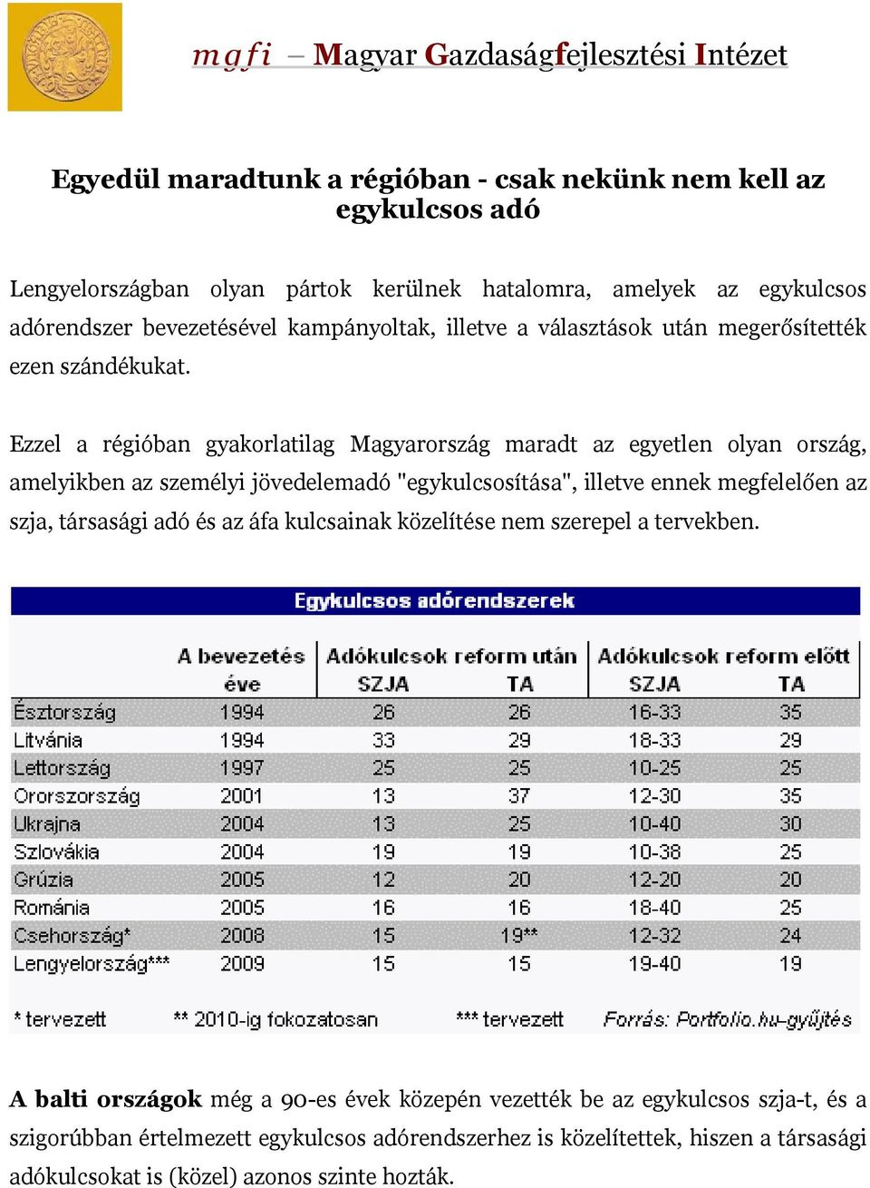 Ezzel a régióban gyakorlatilag Magyarország maradt az egyetlen olyan ország, amelyikben az személyi jövedelemadó "egykulcsosítása", illetve ennek megfelelően az szja, társasági adó és