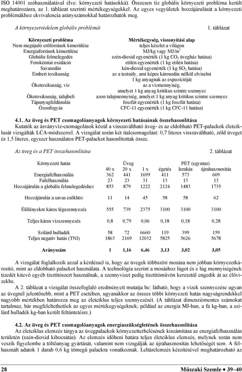 táblázat Környezeti probléma Mértékegység, viszonyítási alap Nem megújuló erőforrások kimerülése teljes készlet a világon Energiaforrások kimerülése MJ/kg vagy MJ/m 3 Globális felmelegedés