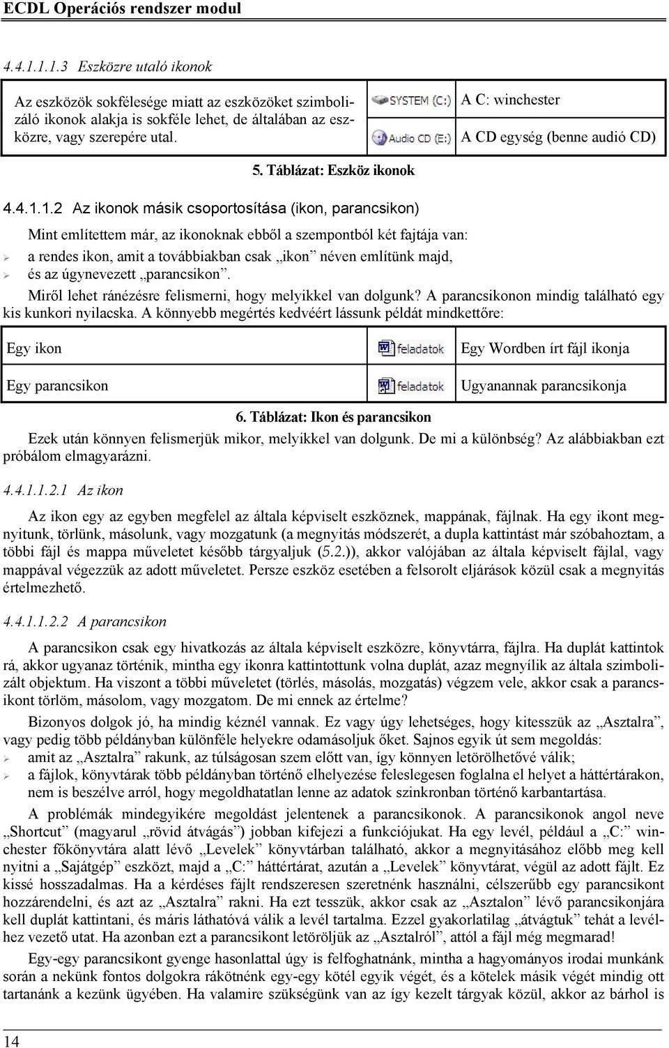 1.2 Az ikonok másik csoportosítása (ikon, parancsikon) Mint említettem már, az ikonoknak ebből a szempontból két fajtája van: a rendes ikon, amit a továbbiakban csak ikon néven említünk majd, és az