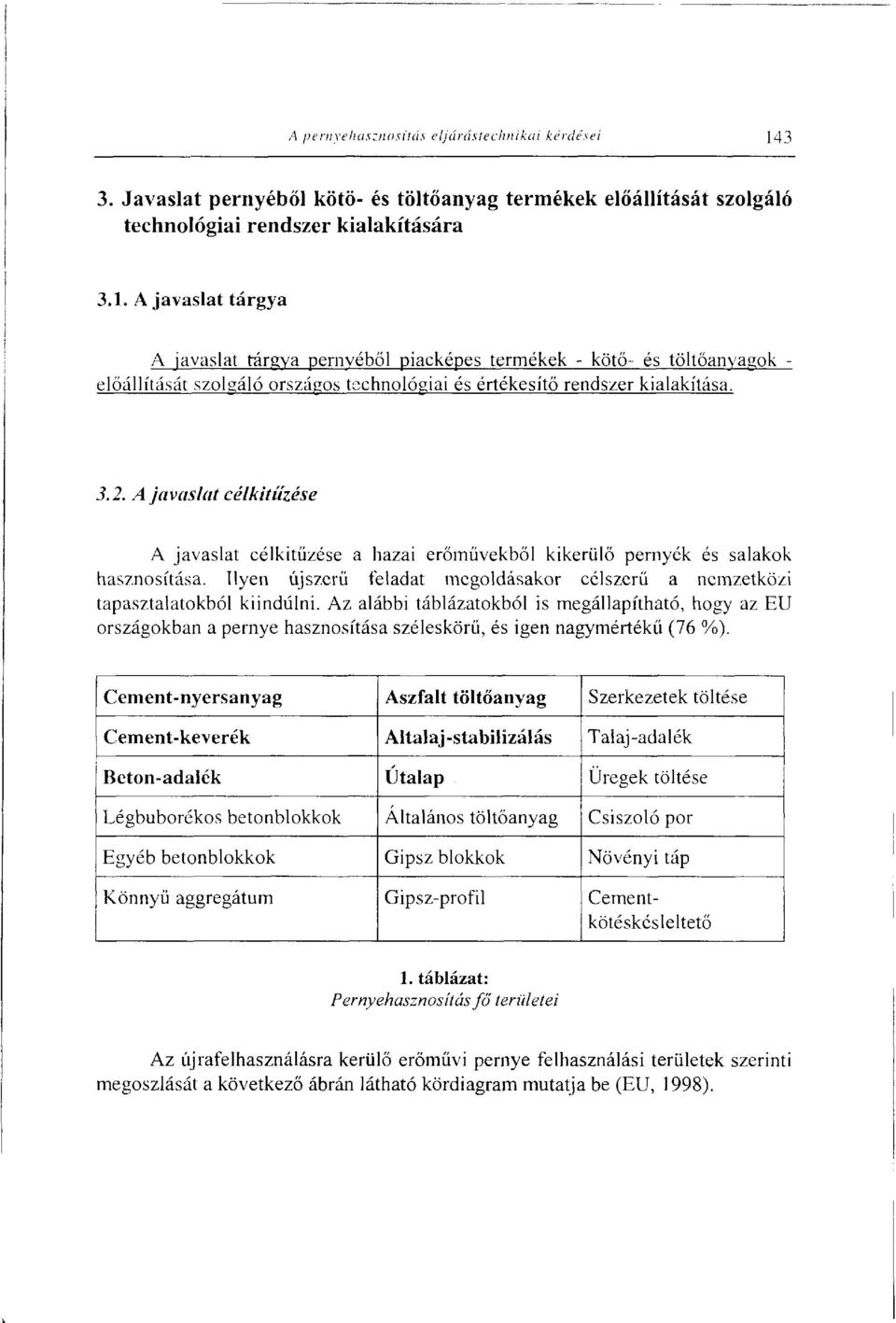 A javaslat tárgya A javaslat tárgya pernyéből piacképes termékek - kötő- és töltőanyagok - előállítását szolgáló országos technológiai és értékesítő rendszer kialakítása. 3.2.