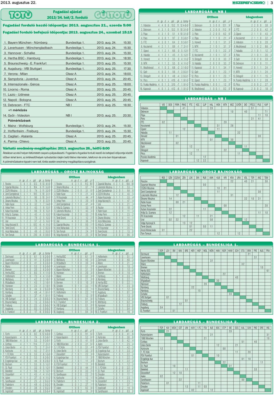 2013. aug. 24. 15:30 3. annover - Schalke Bundesliga 1. 2013. aug. 24. 15:30 4. ertha BSC - amburg Bundesliga 1. 2013. aug. 24. 18:30 5. Braunschweig - E. Frankfurt Bundesliga 1. 2013. aug. 25.