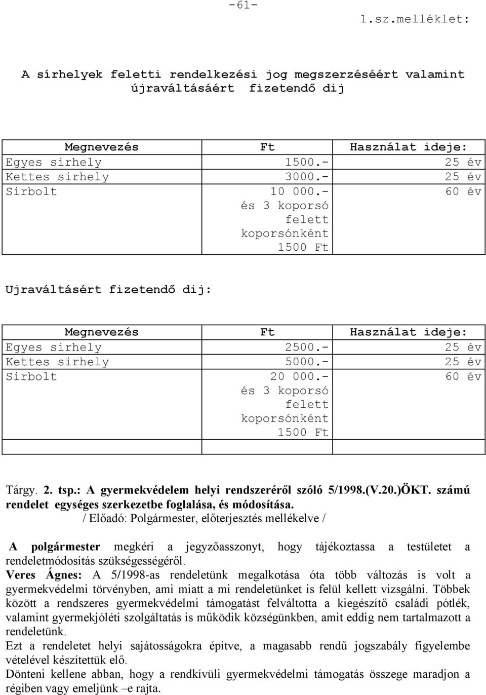 - 25 év Sirbolt 20 000.- és 3 koporsó felett koporsónként 1500 Ft 60 év Tárgy. 2. tsp.: A gyermekvédelem helyi rendszeréről szóló 5/1998.(V.20.)ÖKT.