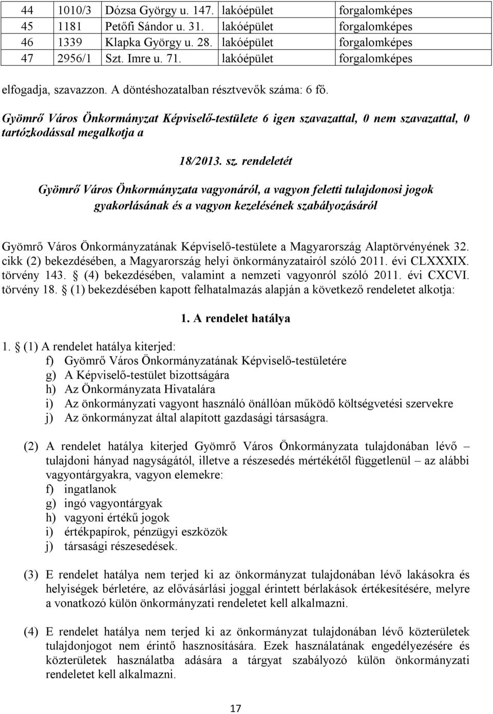 Gyömrő Város Önkormányzat Képviselő-testülete 6 igen sza