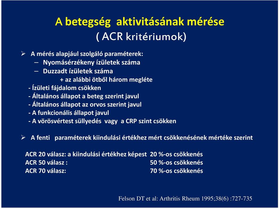 javul - A vörösvértest süllyedés vagy a CRP szint csökken A fenti paraméterek kiindulási értékhez mért csökkenésének mértéke szerint ACR 20 válasz: a