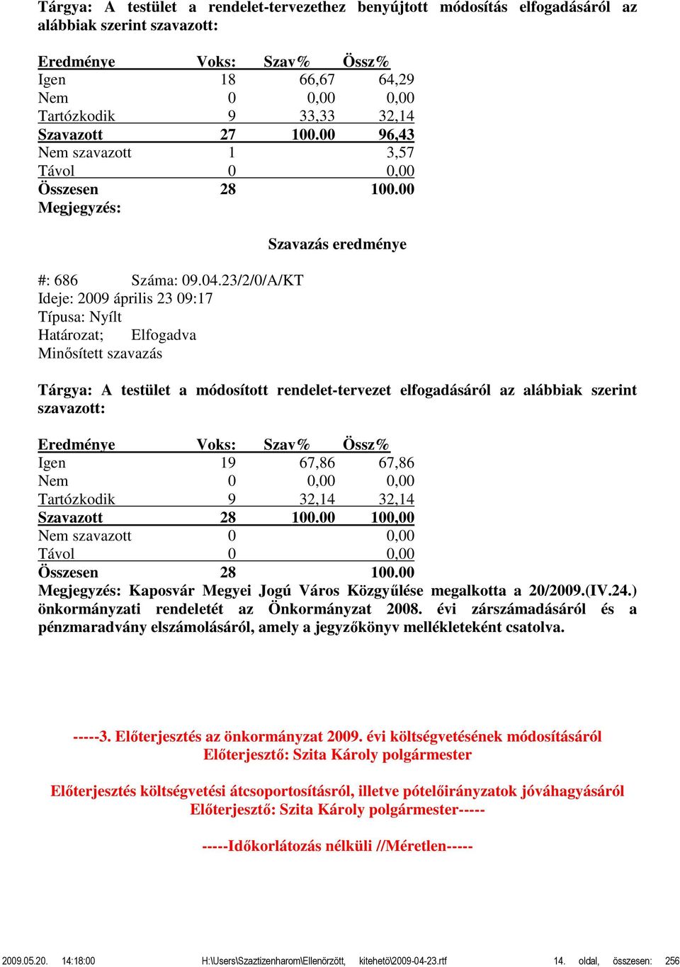 23/2/0/A/KT Ideje: 2009 április 23 09:17 Típusa: Nyílt Határozat; Elfogadva Minősített szavazás Szavazás eredménye Tárgya: A testület a módosított rendelet-tervezet elfogadásáról az alábbiak szerint