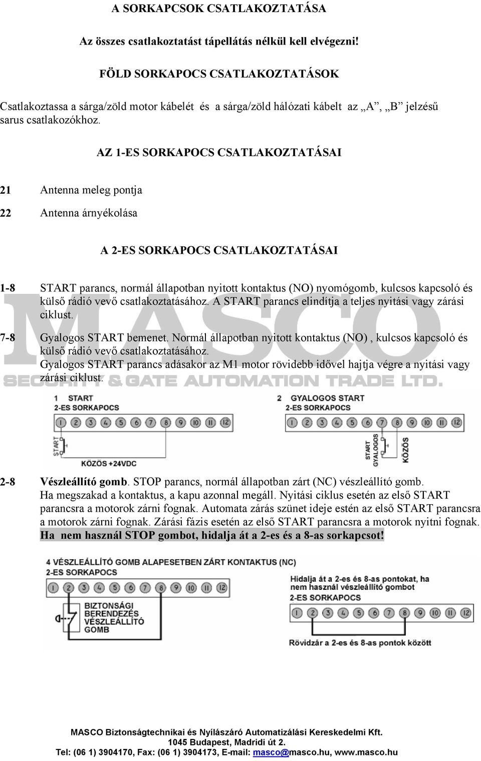 AZ 1-ES SORKAPOCS CSATLAKOZTATÁSAI 21 Antenna meleg pontja 22 Antenna árnyékolása A 2-ES SORKAPOCS CSATLAKOZTATÁSAI 1-8 START parancs, normál állapotban nyitott kontaktus (NO) nyomógomb, kulcsos