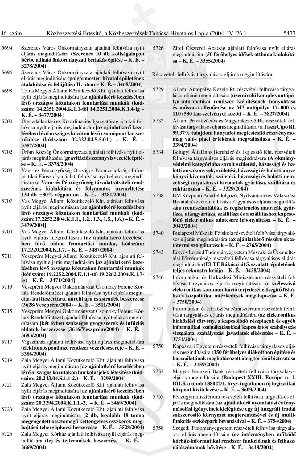 3278/2004) 5696 Szerencs Város Önkormányzata ajánlati felhívása nyílt eljárás megindítására (polgármesteri hivatal épületének átalakítása és felújítása II. ütem K. É.