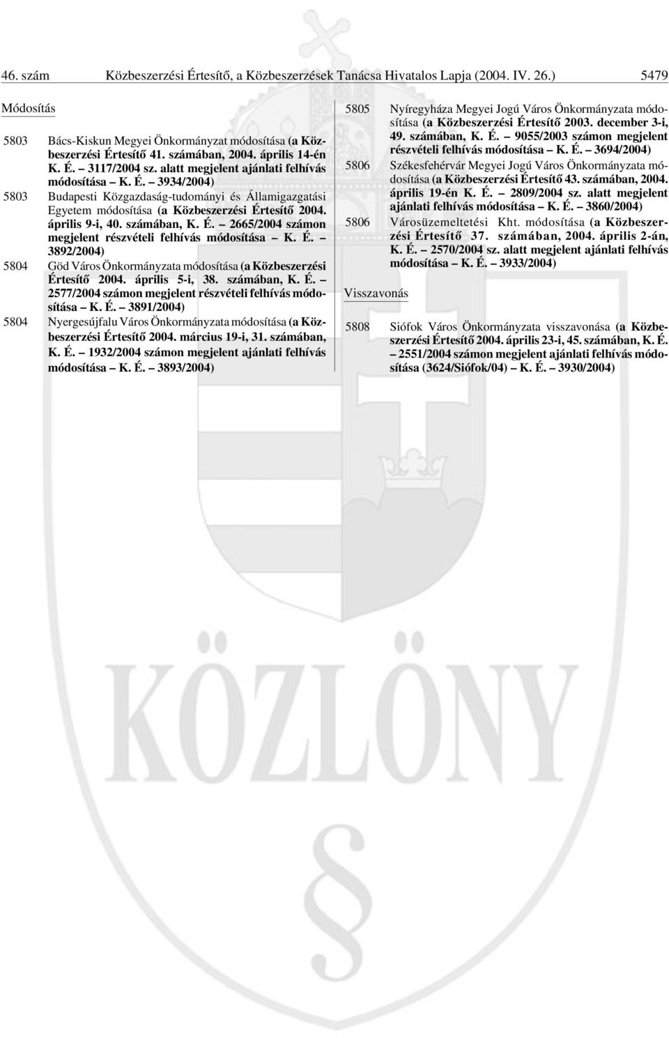 április 9-i, 40. számában, K. É. 2665/2004 számon megjelent részvételi felhívás módosítása K. É. 3892/2004) 5804 Göd Város Önkormányzata módosítása (a Közbeszerzési Értesítõ 2004. április 5-i, 38.