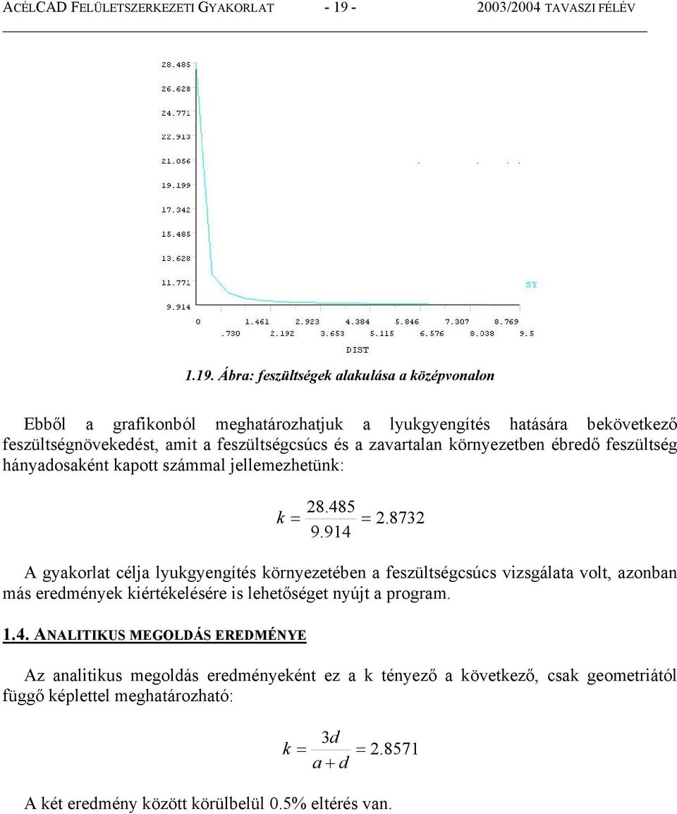 Ábra: feszültségek alakulása a középvonalon Ebből a grafikonból meghatározhatjuk a lyukgyengítés hatására bekövetkező feszültségnövekedést, amit a feszültségcsúcs és a zavartalan