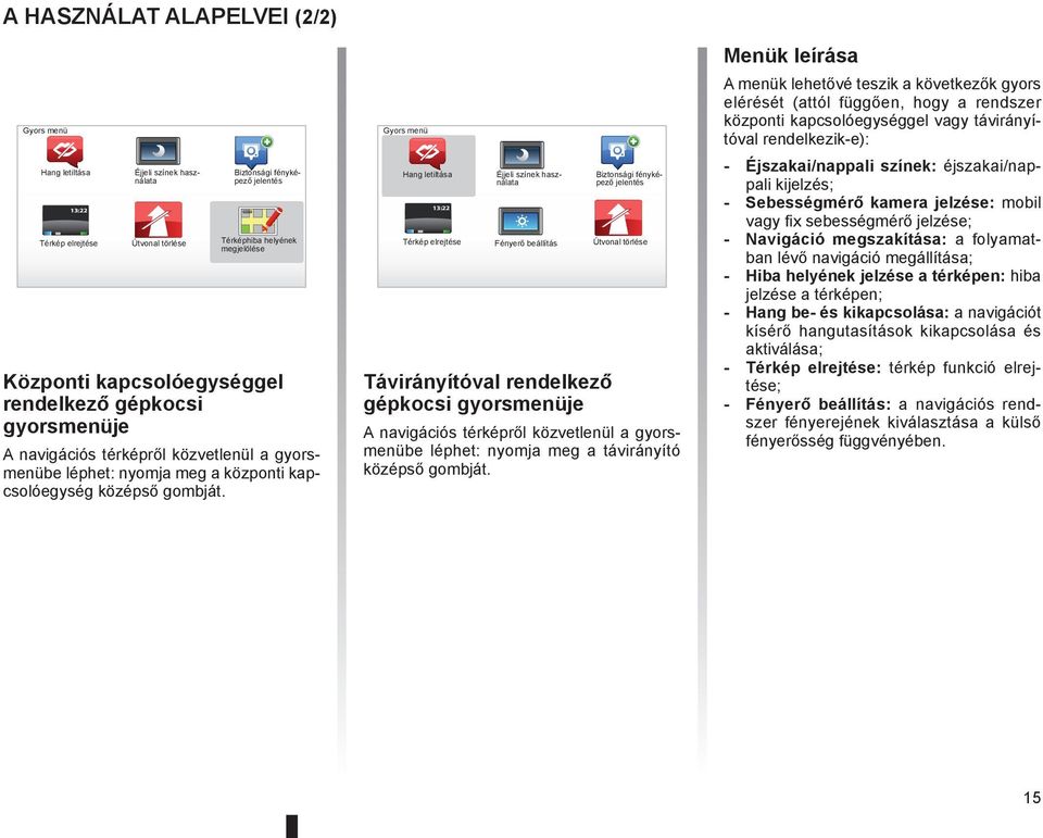 Gyors menü Hang letiltása 13:22 Térkép elrejtése Éjjeli színek használata Fényerő beállítás Biztonsági fényképező jelentés Útvonal törlése Távirányítóval rendelkező gépkocsi gyorsmenüje A navigációs