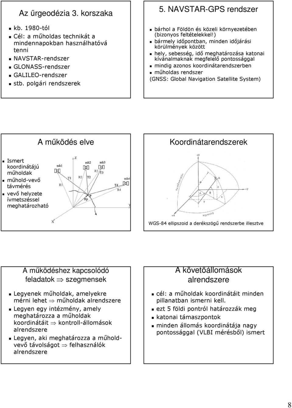 ) bármely időpontban, minden időjárási körülmények között hely, sebesség, idő meghatározása katonai kívánalmaknak megfelelő pontossággal mindig azonos koordinátarendszerben műholdas rendszer (GNSS: