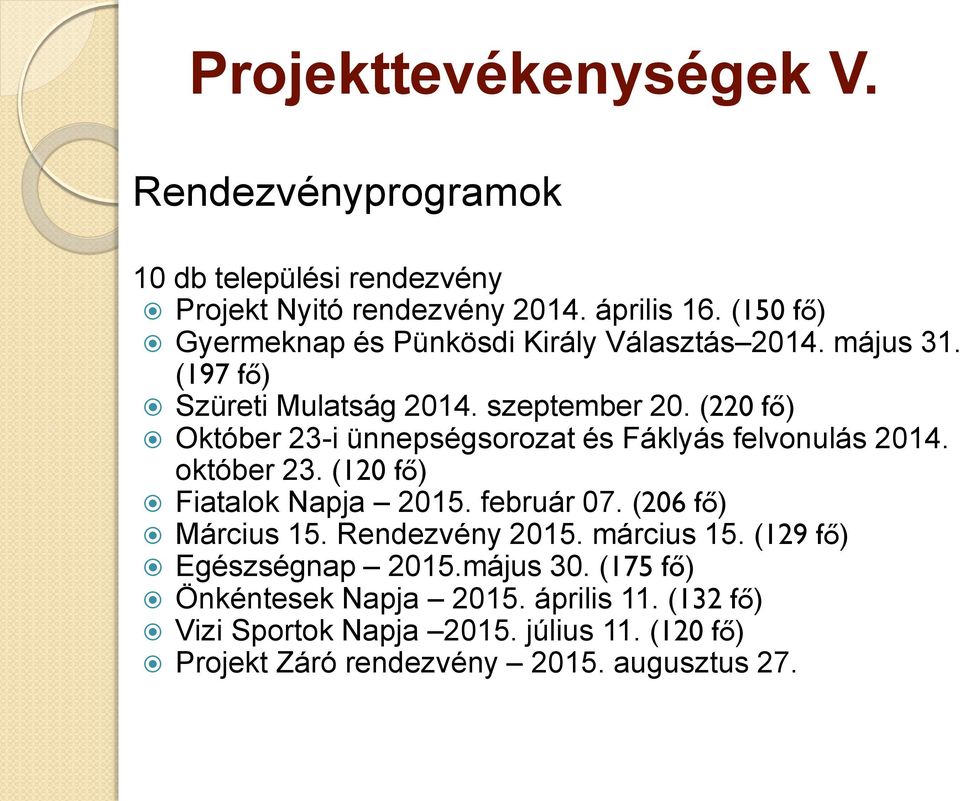 (220 fő) Október 23-i ünnepségsorozat és Fáklyás felvonulás 2014. október 23. (120 fő) Fiatalok Napja 2015. február 07. (206 fő) Március 15.