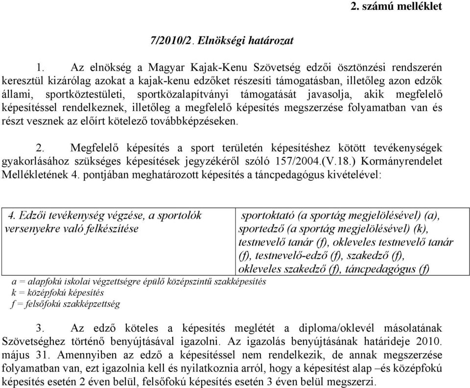 sportközalapítványi támogatását javasolja, akik megfelelő képesítéssel rendelkeznek, illetőleg a megfelelő képesítés megszerzése folyamatban van és részt vesznek az előírt kötelező továbbképzéseken.