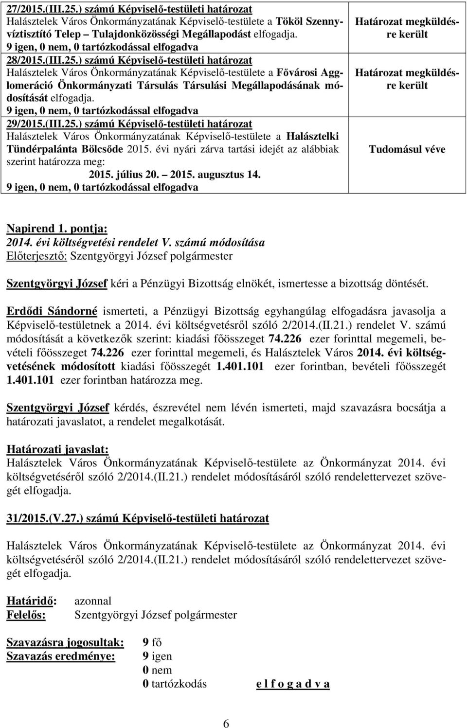 ) számú Képviselő-testületi határozat Halásztelek Város Önkormányzatának Képviselő-testülete a Fővárosi Agglomeráció Önkormányzati Társulás Társulási Megállapodásának módosítását elfogadja.