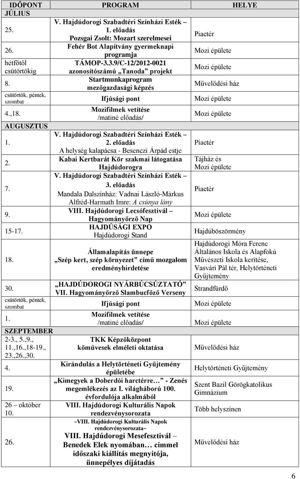 előadás Mandala Dalszínház: Vadnai László-Márkus Piactér Alfréd-Harmath Imre: A csúnya lány 9. VIII. Hajdúdorogi Lecsófesztivál Hagyományőrző Nap 15-17.