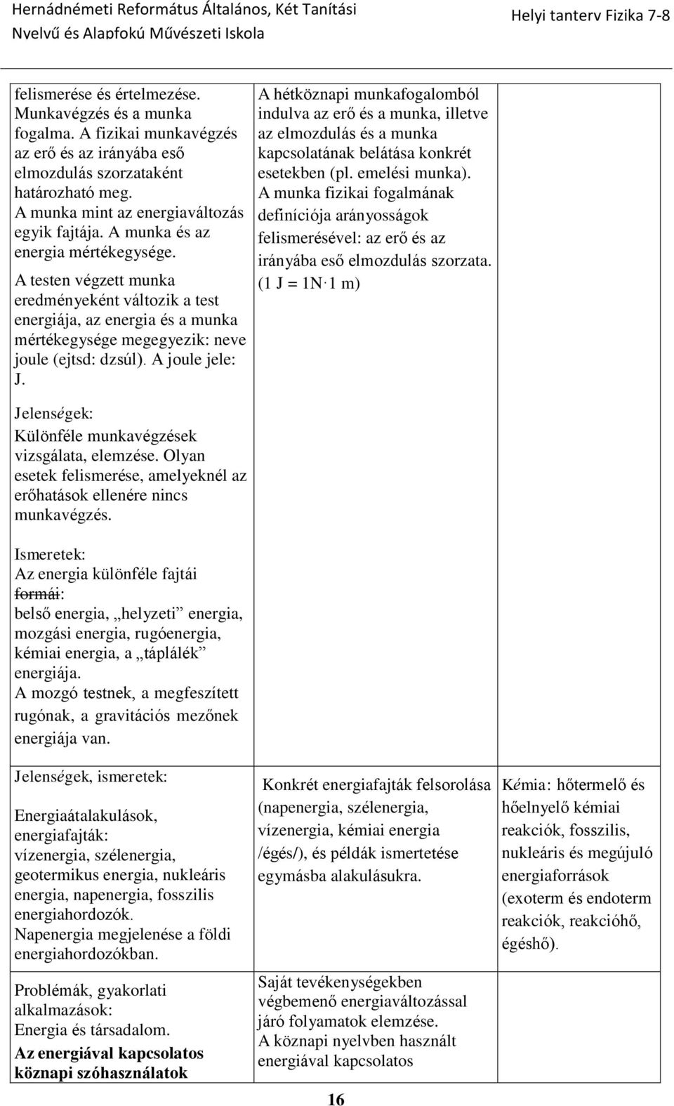 Jelenségek: Különféle munkavégzések vizsgálata, elemzése. Olyan esetek felismerése, amelyeknél az erőhatások ellenére nincs munkavégzés.