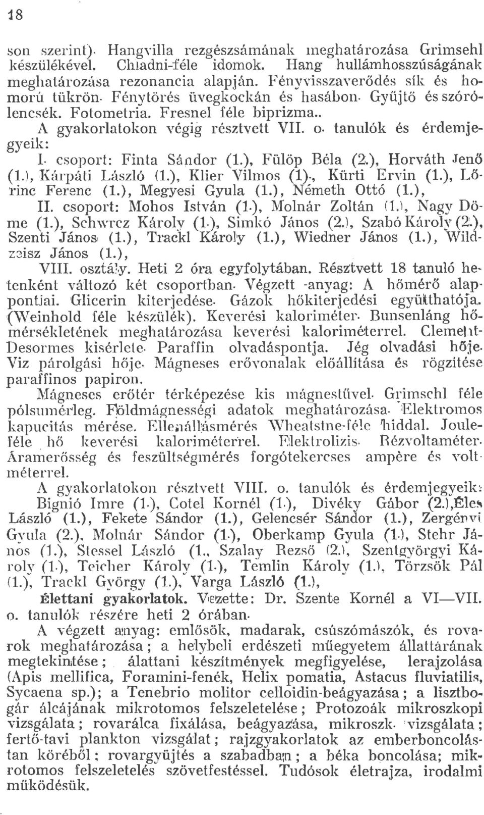 ), Horváth Jenő (.), Kárpáti Lászó (.), Kier Vimos ()., Kürti Ervin (.), Lőrinc Ferenc (.), Megyesi Gyua (.), Németh Ottó (.), II. csoport: \fohos István (.), Monár Zotán (.), Nagy Döme (.