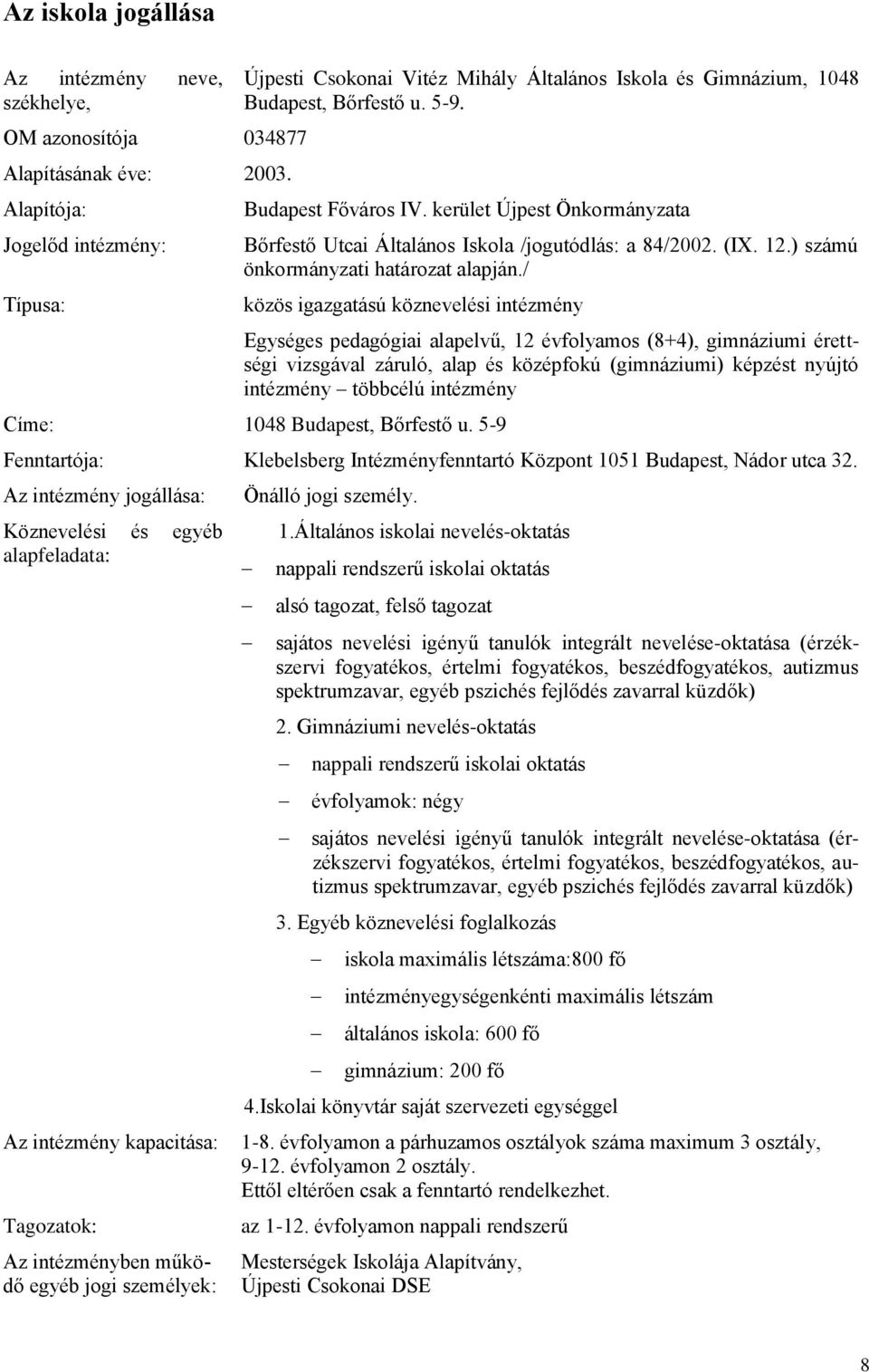 kerület Újpest Önkormányzata Bőrfestő Utcai Általános Iskola /jogutódlás: a 84/2002. (IX. 12.) számú önkormányzati határozat alapján.
