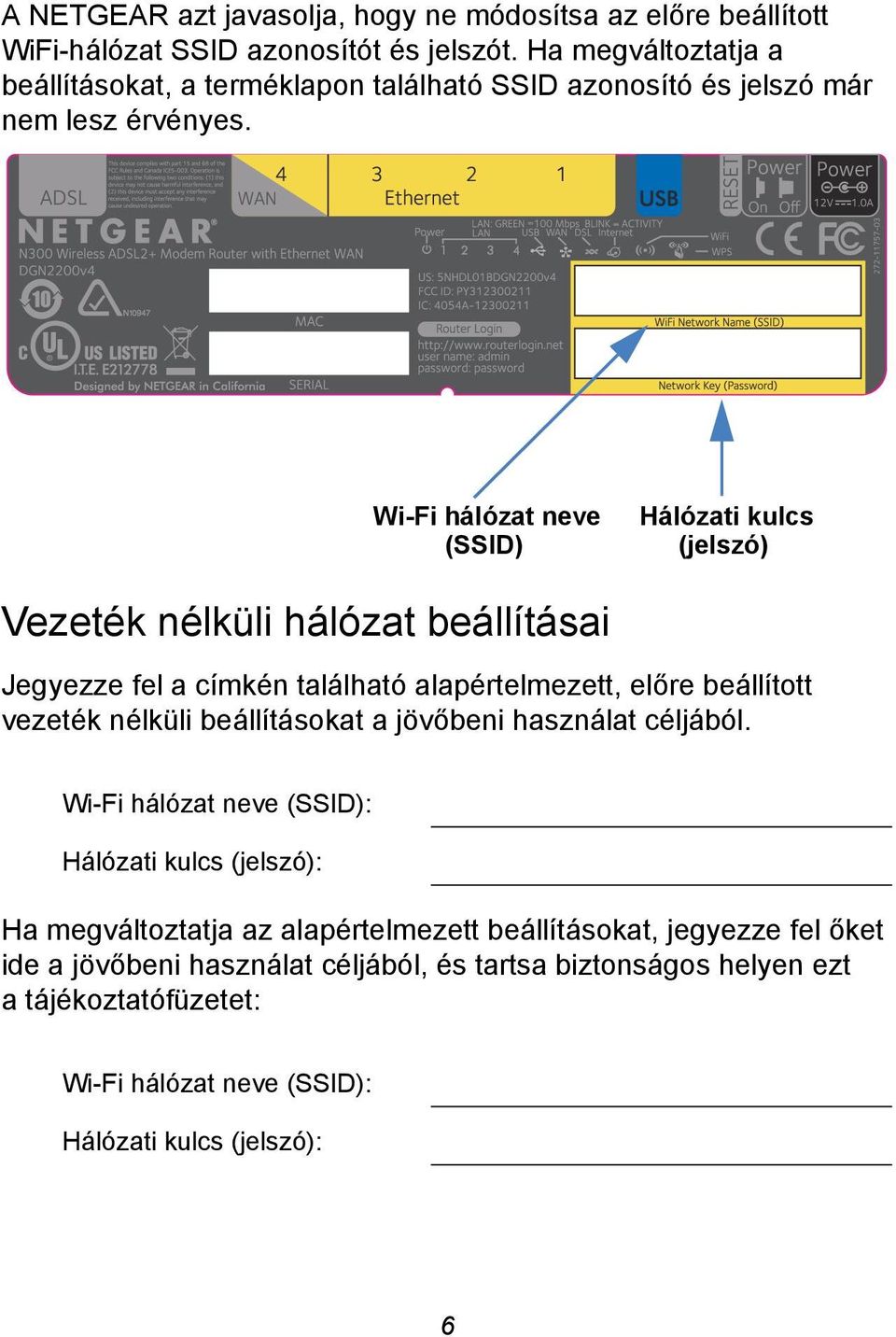 Wi-Fi hálózat neve Hálózati kulcs (SSID) (jelszó) Vezeték nélküli hálózat beállításai Jegyezze fel a címkén található alapértelmezett, előre beállított vezeték nélküli