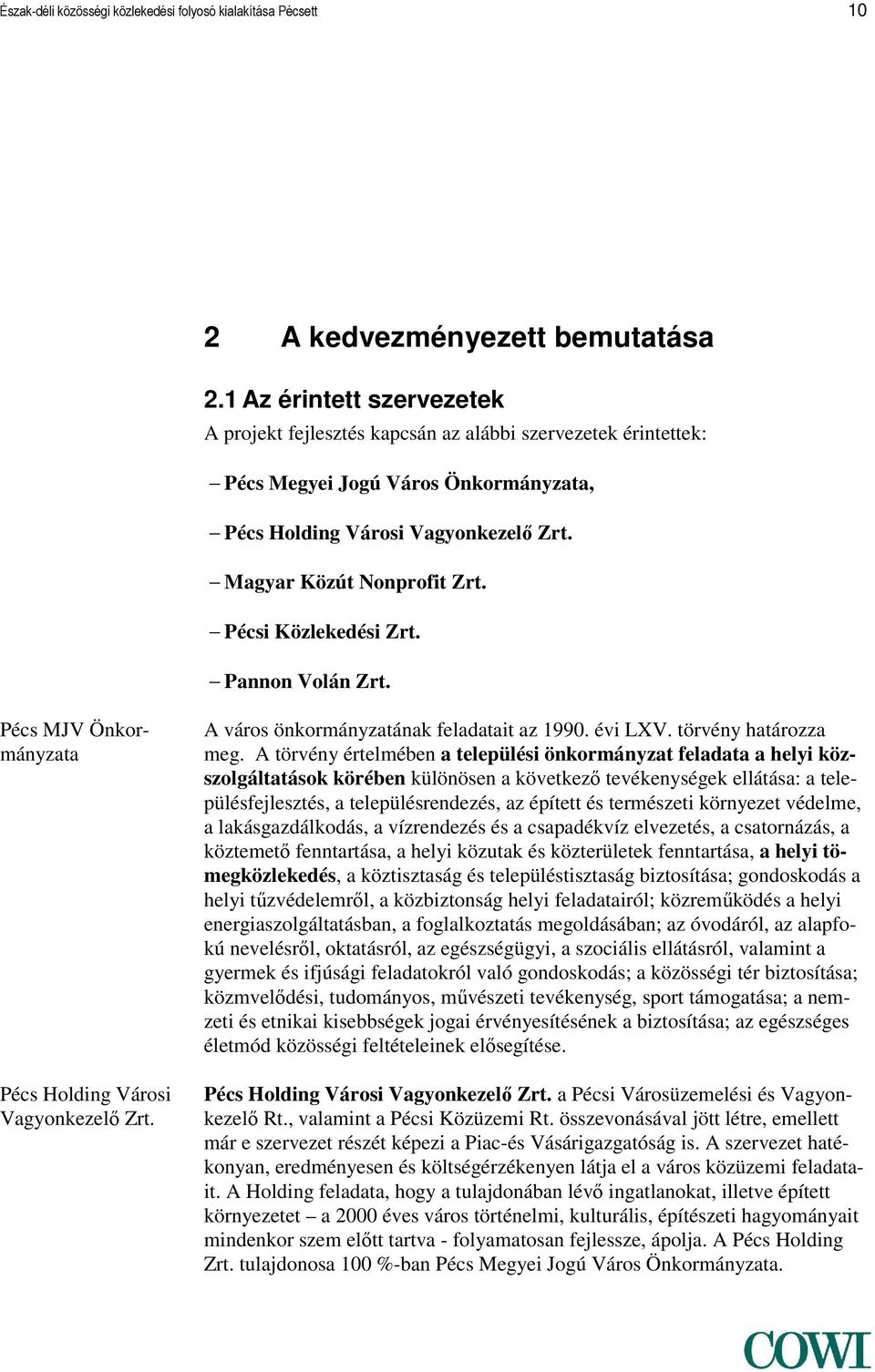 Pécsi Közlekedési Zrt. Pannon Volán Zrt. Pécs MJV Önkormányzata Pécs Holding Városi Vagyonkezelő Zrt. A város önkormányzatának feladatait az 1990. évi LXV. törvény határozza meg.