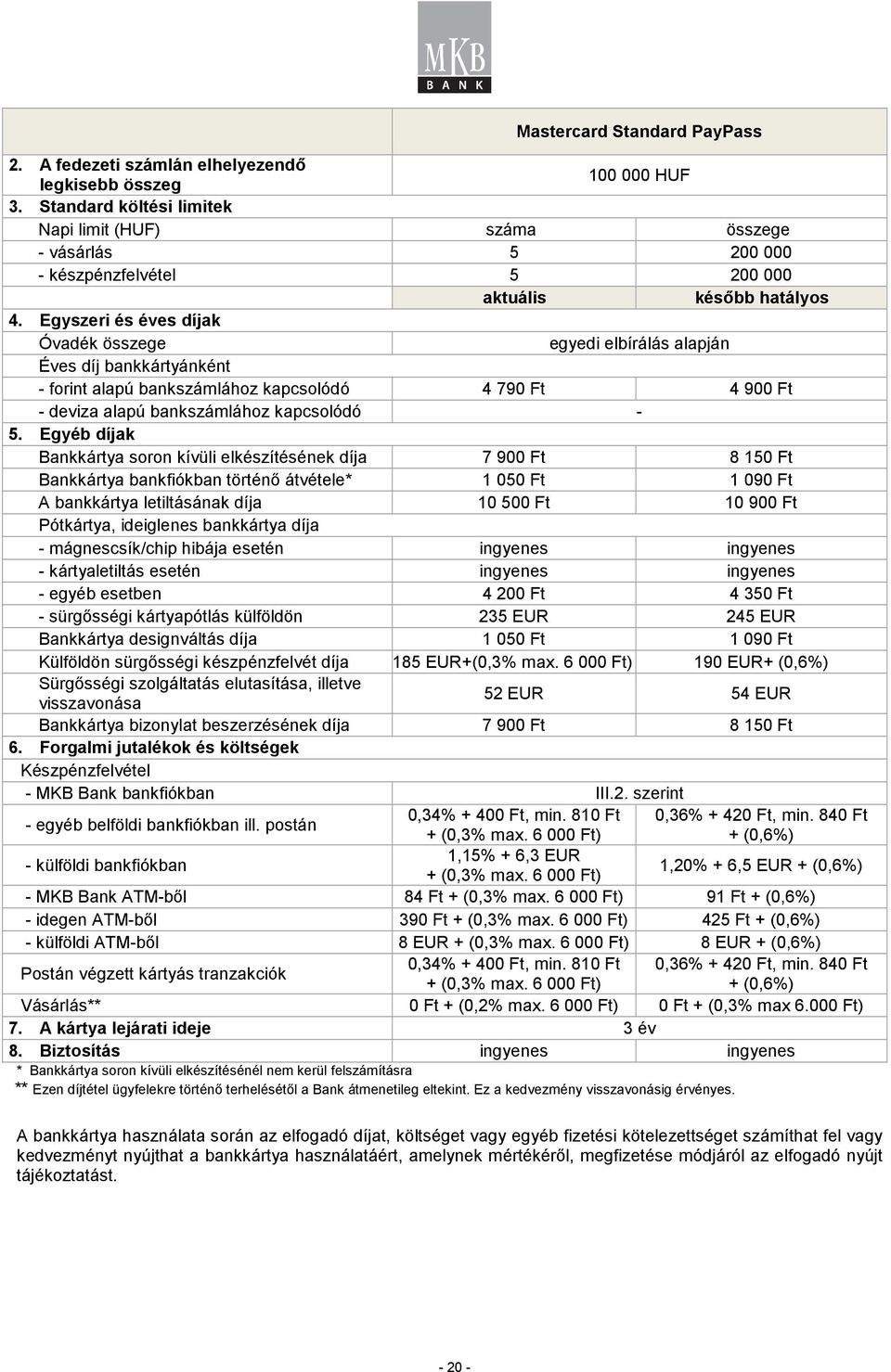 Egyszeri és éves díjak Óvadék összege egyedi elbírálás alapján Éves díj bankkártyánként - forint alapú bankszámlához kapcsolódó 4 790 Ft 4 900 Ft - deviza alapú bankszámlához kapcsolódó - 5.