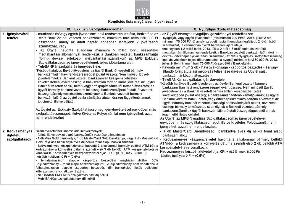 naptári hónapban legfeljebb 2 jóváírásból származhat, vagy - az Ügyfél havonta átlagosan minimum 5 millió forint összértékő megtakarítási állománnyal rendelkezik a Bankban vezetett bankszámlá(i)n