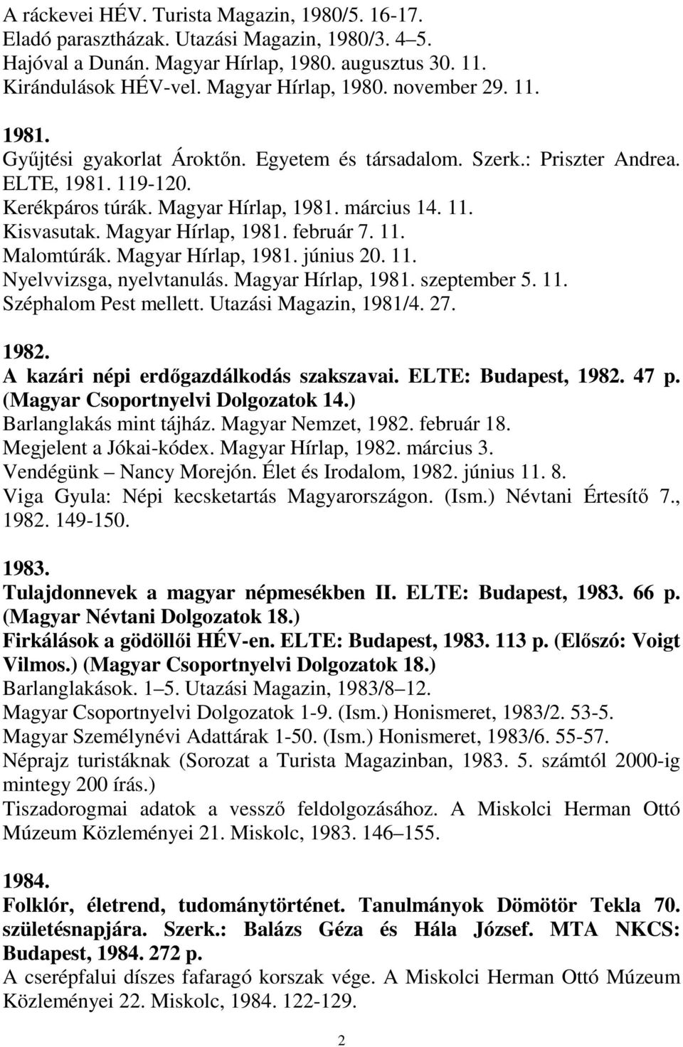 11. Malomtúrák. Magyar Hírlap, 1981. június 20. 11. Nyelvvizsga, nyelvtanulás. Magyar Hírlap, 1981. szeptember 5. 11. Széphalom Pest mellett. Utazási Magazin, 1981/4. 27. 1982.