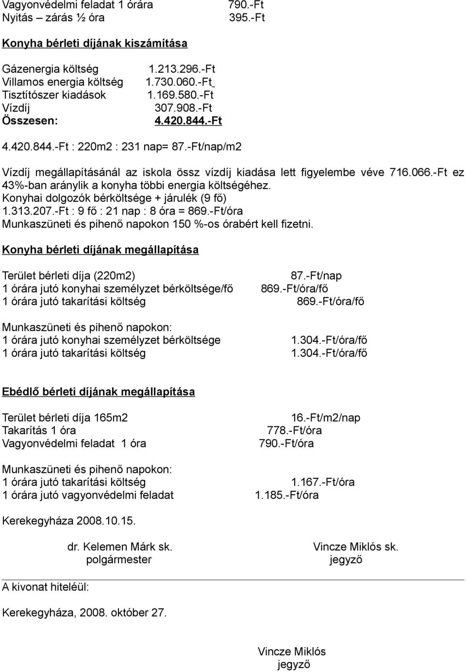 -Ft ez 43%-ban aránylik a konyha többi energia költségéhez. Konyhai dolgozók bérköltsége + járulék (9 fő) 1.313.207.-Ft : 9 fő : 21 nap : 8 óra = 869.