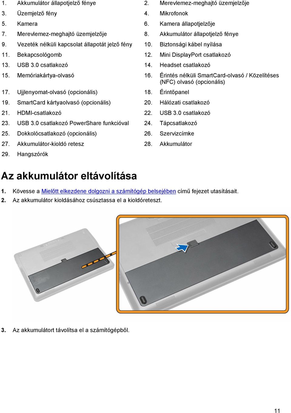 Headset csatlakozó 15. Memóriakártya-olvasó 16. Érintés nélküli SmartCard-olvasó / Közelítéses (NFC) olvasó (opcionális) 17. Ujjlenyomat-olvasó (opcionális) 18. Érintőpanel 19.