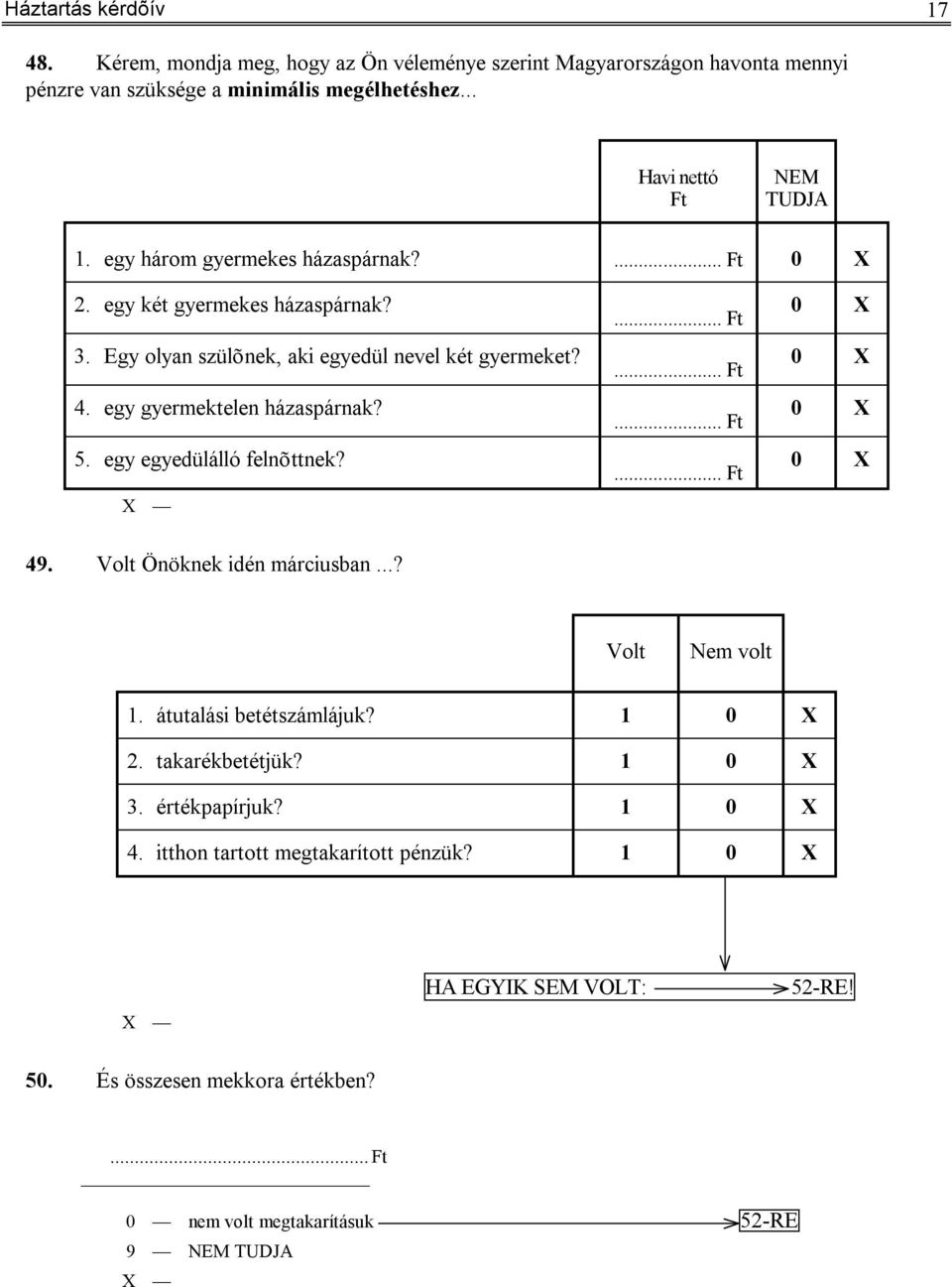 egy gyermektelen házaspárnak? 5. egy egyedülálló felnõttnek?... Ft... Ft... Ft... Ft 0 X 0 X 0 X 0 X 49. Volt Önöknek idén márciusban...? Volt Nem volt 1.